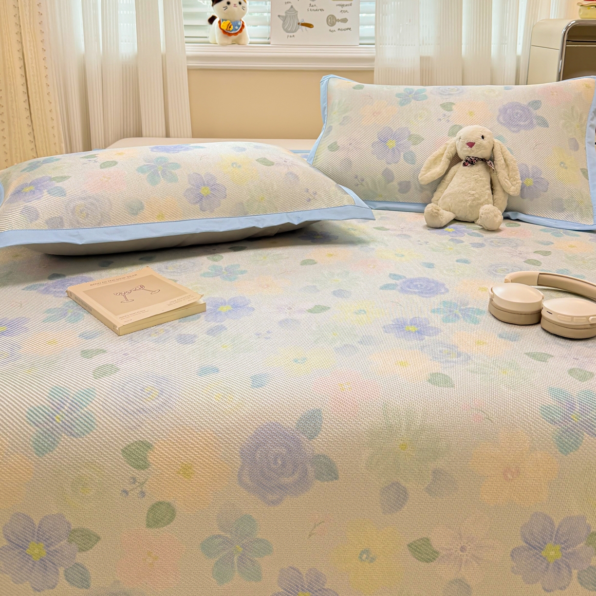 91家纺网 家纺一手货源 找家纺 慕尚家纺 2026新款清新凉感冰藤席平铺款 碎冰蓝