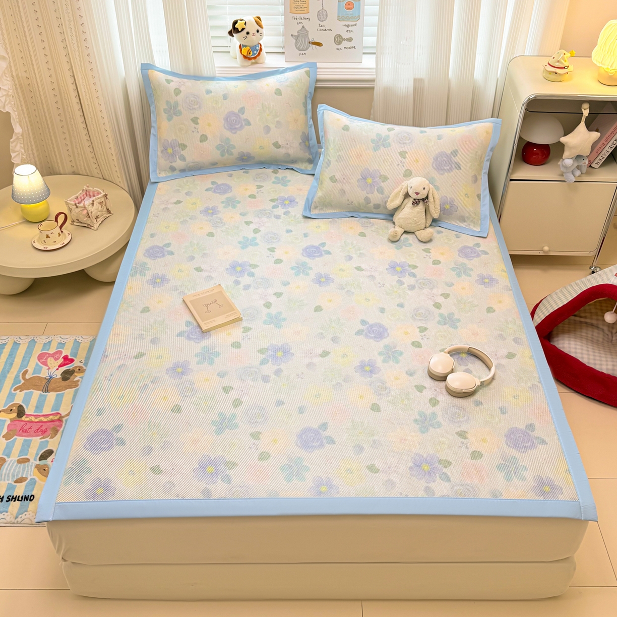 91家纺网 家纺一手货源 找家纺 慕尚家纺 2026新款清新凉感冰藤席平铺款 碎冰蓝