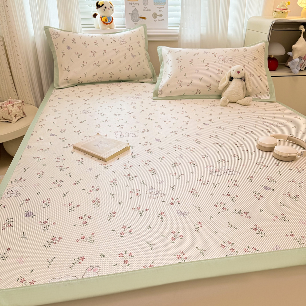 91家纺网 家纺一手货源 找家纺 慕尚家纺 2026新款清新凉感冰藤席平铺款 顽皮兔