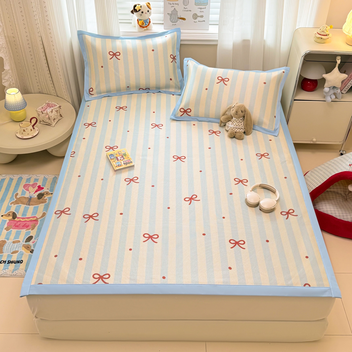 91家纺网 家纺一手货源 找家纺 慕尚家纺 2026新款清新凉感冰藤席平铺款 蝴蝶结