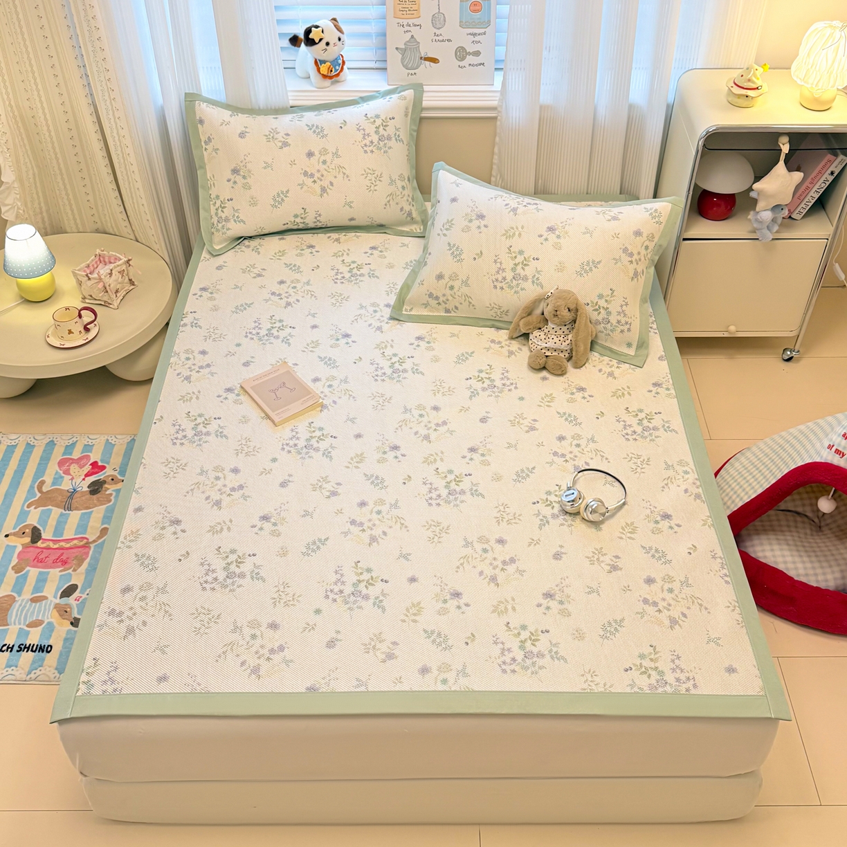 91家纺网 家纺一手货源 找家纺 慕尚家纺 2026新款清新凉感冰藤席平铺款 梦幻紫花