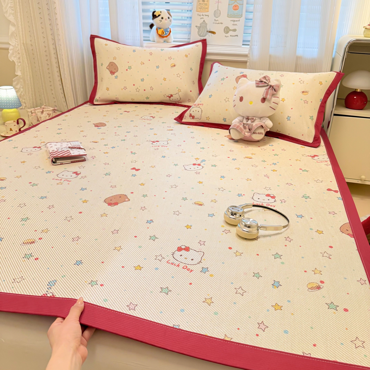 91家纺网 家纺一手货源 找家纺 慕尚家纺 2026新款清新凉感冰藤席平铺款 小猫耶