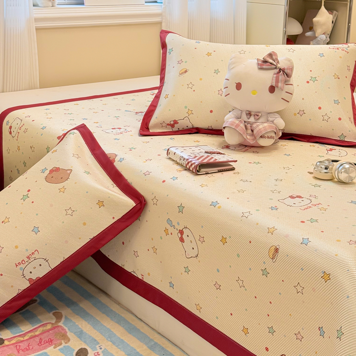 91家纺网 家纺一手货源 找家纺 慕尚家纺 2026新款清新凉感冰藤席平铺款 小猫耶