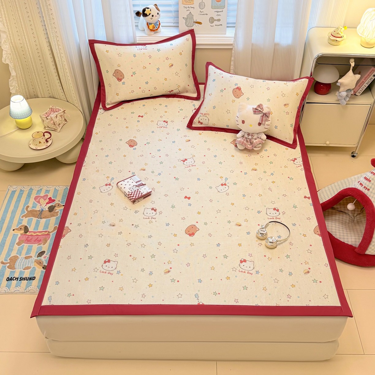 91家纺网 家纺一手货源 找家纺 慕尚家纺 2026新款清新凉感冰藤席平铺款 小猫耶