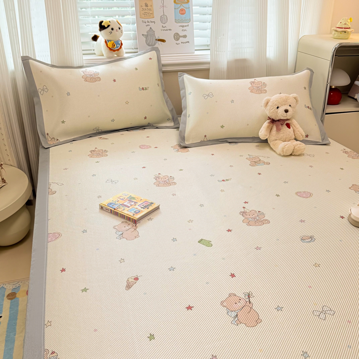 91家纺网 家纺一手货源 找家纺 慕尚家纺 2026新款清新凉感冰藤席平铺款 魔法小熊