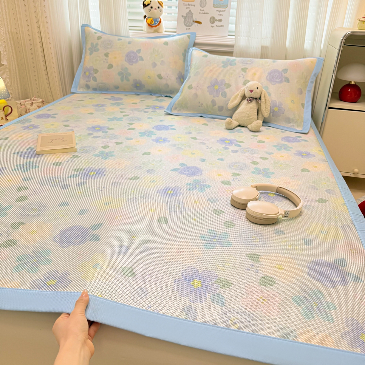 91家纺网 家纺一手货源 找家纺 慕尚家纺 2026新款清新凉感冰藤席平铺款 碎冰蓝