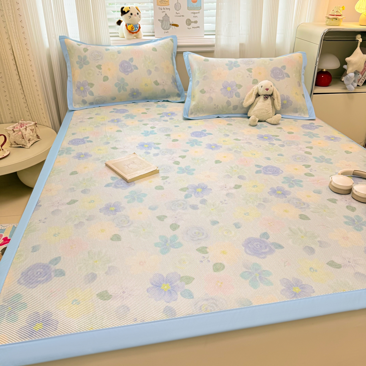 91家纺网 家纺一手货源 找家纺 慕尚家纺 2026新款清新凉感冰藤席平铺款 碎冰蓝