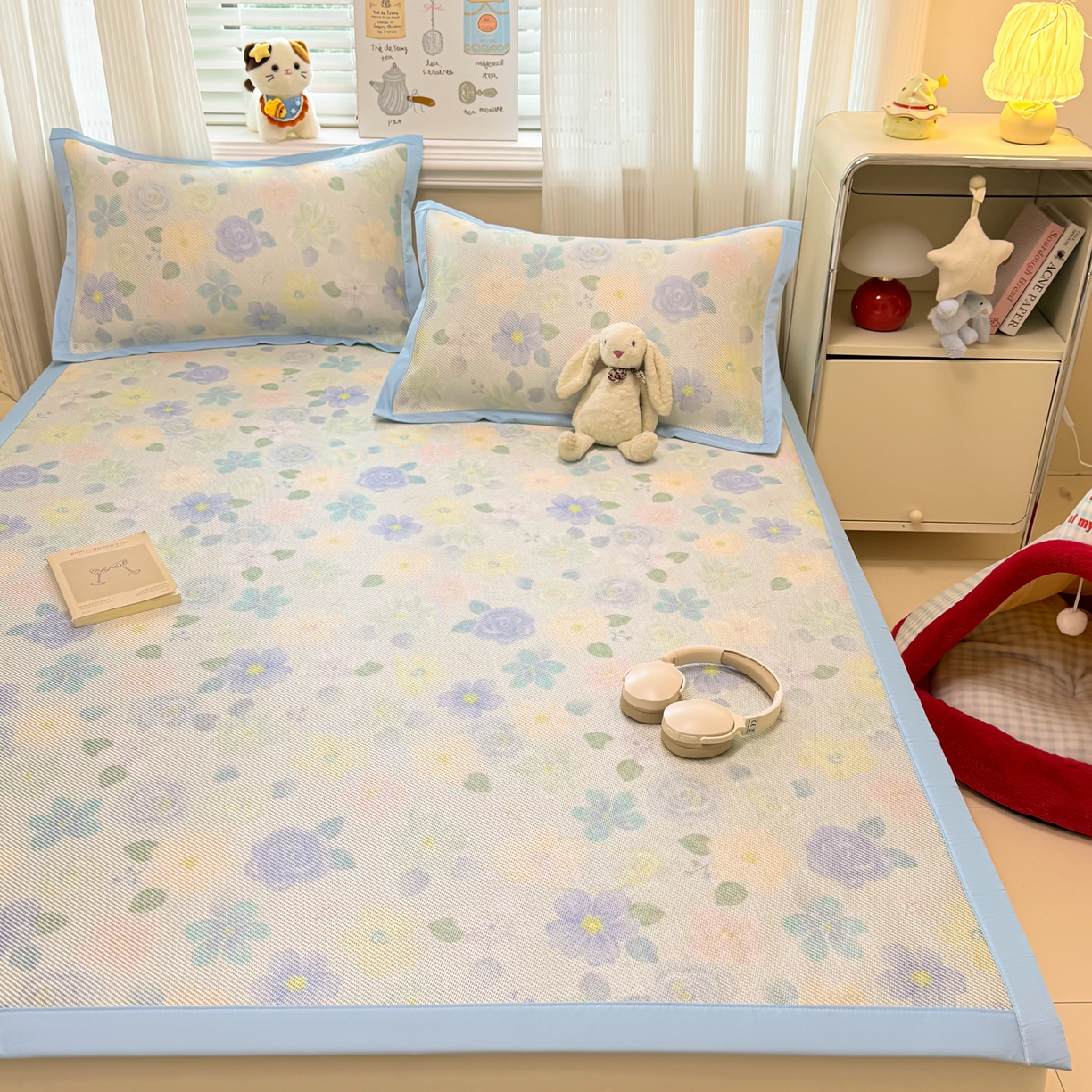 91家纺网 家纺一手货源 找家纺 慕尚家纺 2026新款清新凉感冰藤席平铺款 碎冰蓝