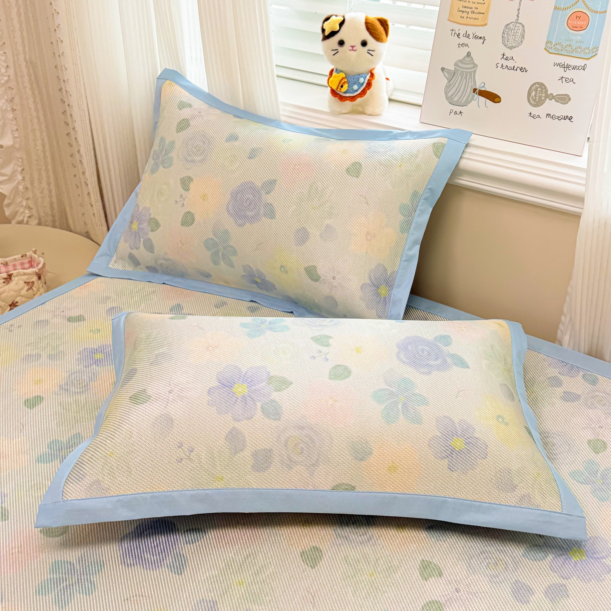 91家纺网 家纺一手货源 找家纺 慕尚家纺 2026新款清新凉感冰藤席平铺款 碎冰蓝