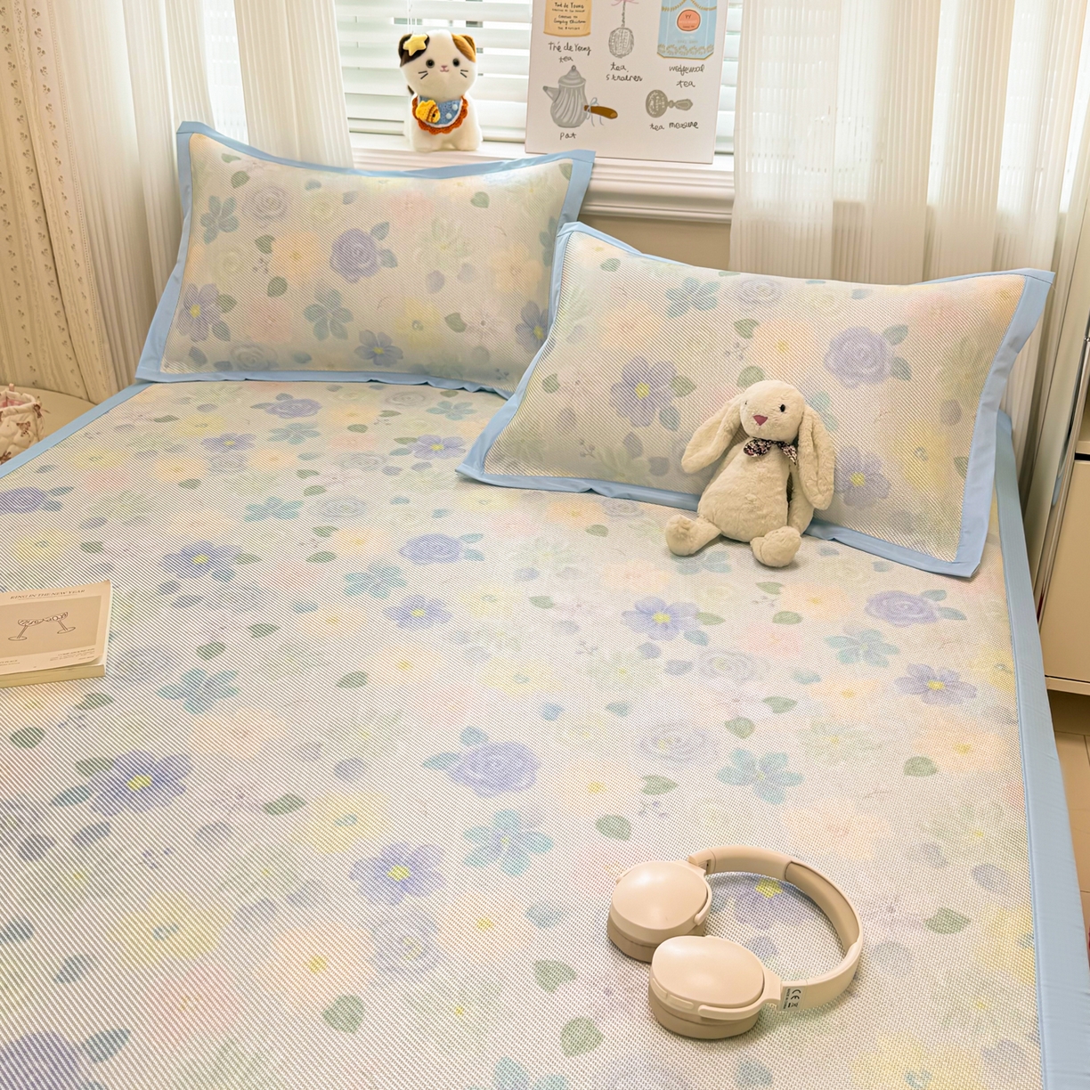 91家纺网 家纺一手货源 找家纺 慕尚家纺 2026新款清新凉感冰藤席平铺款 碎冰蓝