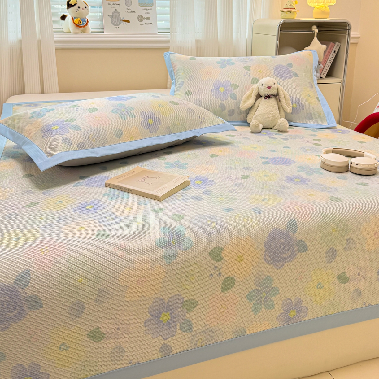 91家纺网 家纺一手货源 找家纺 慕尚家纺 2026新款清新凉感冰藤席平铺款 碎冰蓝