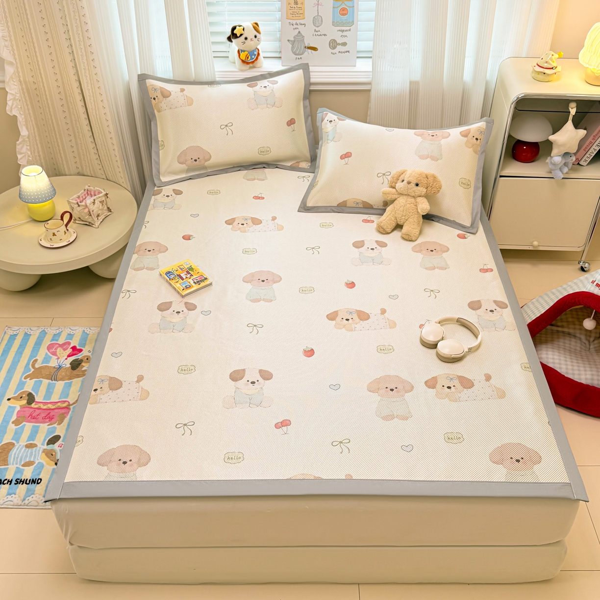 91家纺网 家纺一手货源 找家纺 慕尚家纺 2026新款清新凉感冰藤席平铺款 福禄小狗