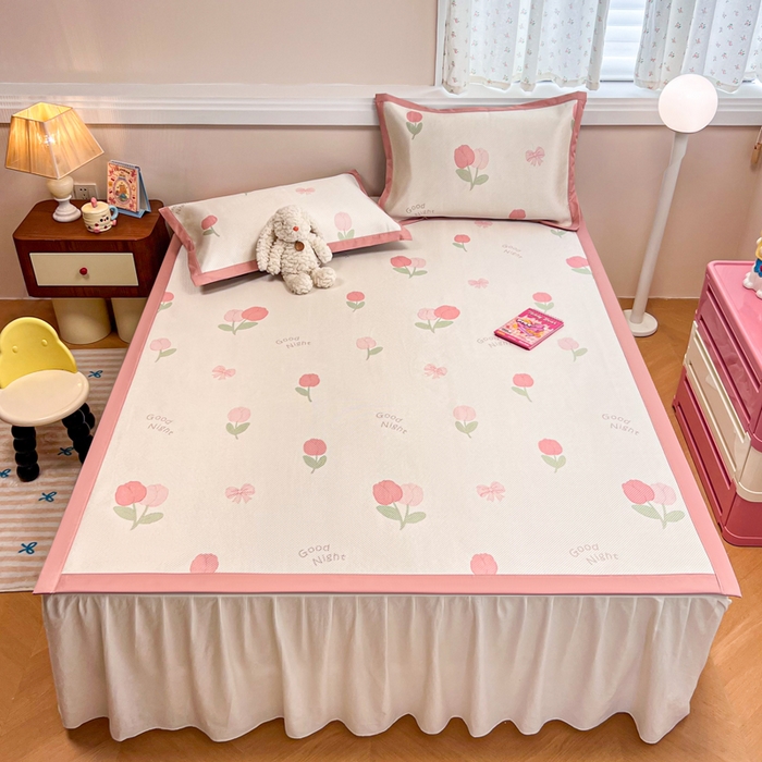 91家纺网 家纺一手货源 找家纺 慕尚家纺 2026新款清新凉感冰藤席平铺款 蝴蝶结郁金香