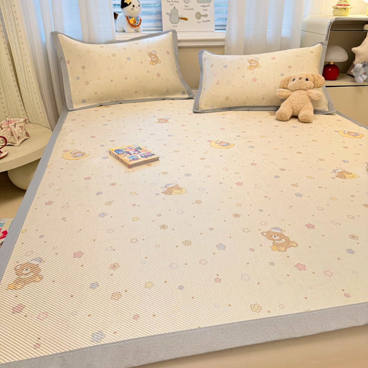 91家纺网 家纺一手货源 找家纺 慕尚家纺 2026新款清新凉感冰藤席平铺款 星星熊