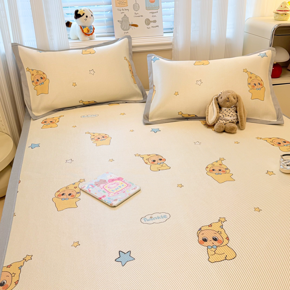 91家纺网 家纺一手货源 找家纺 慕尚家纺 2026新款清新凉感冰藤席平铺款 星星宝宝