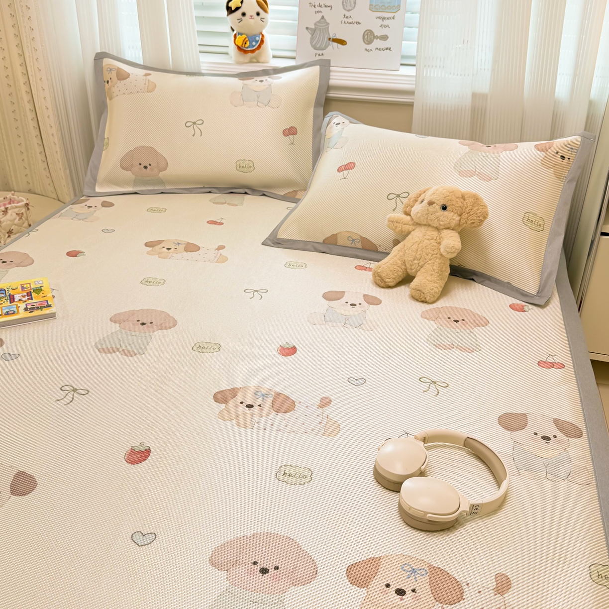 91家纺网 家纺一手货源 找家纺 慕尚家纺 2026新款清新凉感冰藤席平铺款 福禄小狗