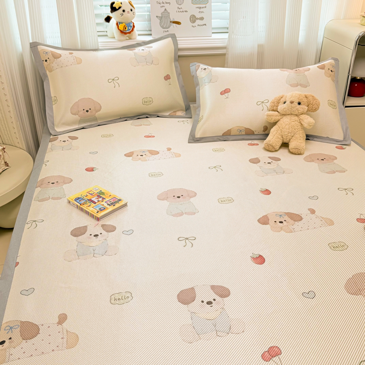 91家纺网 家纺一手货源 找家纺 慕尚家纺 2026新款清新凉感冰藤席平铺款 福禄小狗