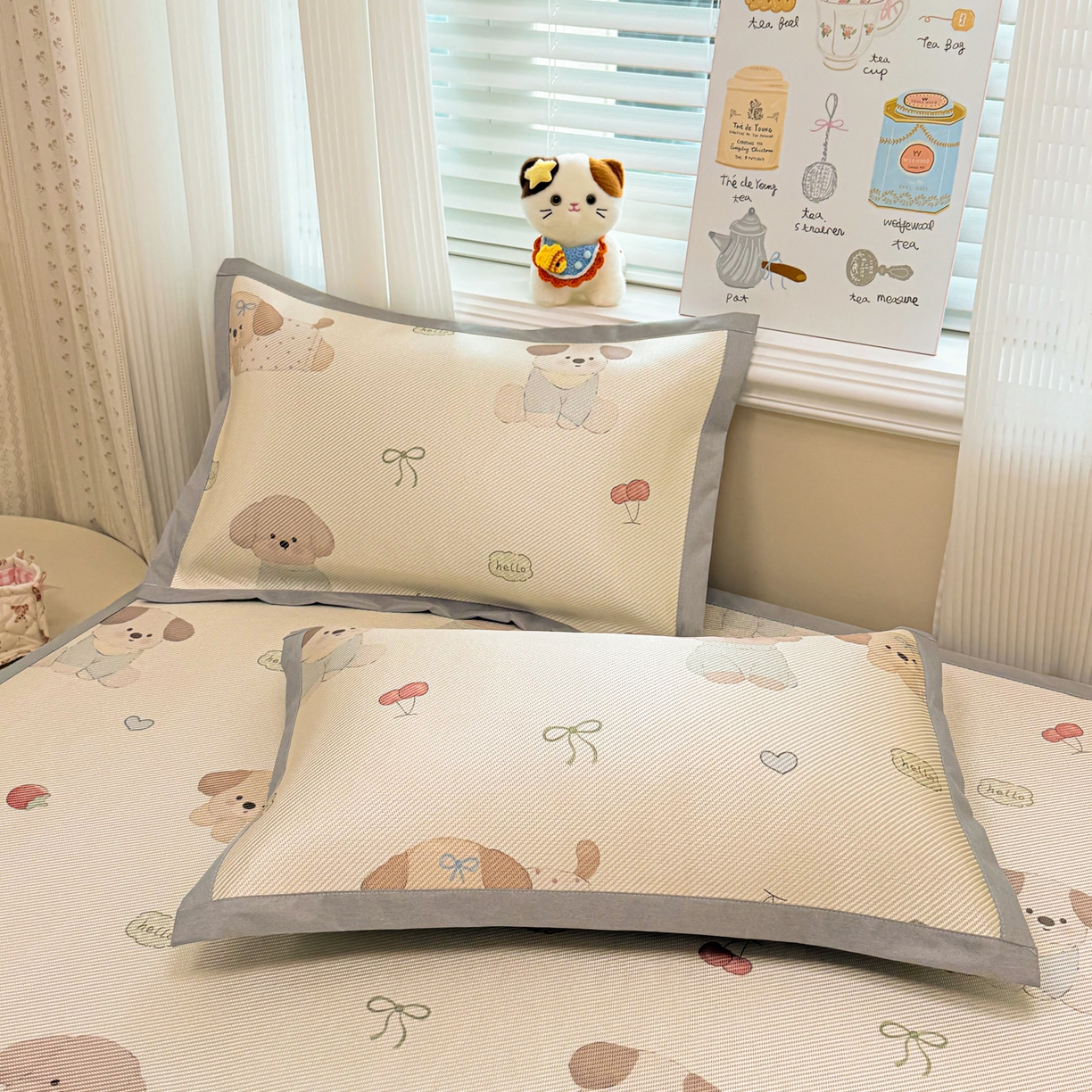 91家纺网 家纺一手货源 找家纺 慕尚家纺 2026新款清新凉感冰藤席平铺款 福禄小狗