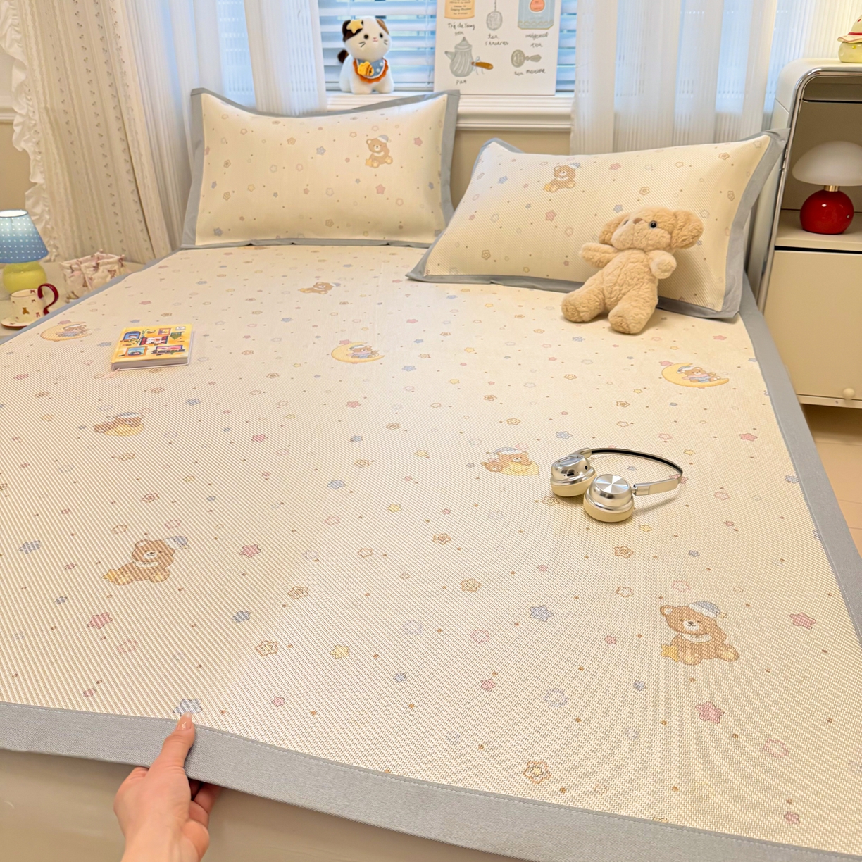 91家纺网 家纺一手货源 找家纺 慕尚家纺 2026新款清新凉感冰藤席平铺款 星星熊