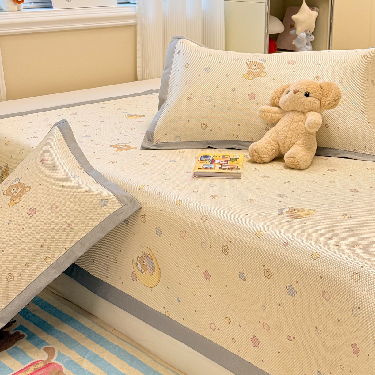 91家纺网 家纺一手货源 找家纺 慕尚家纺 2026新款清新凉感冰藤席平铺款 星星熊