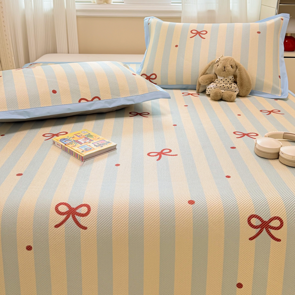 91家纺网 家纺一手货源 找家纺 慕尚家纺 2026新款清新凉感冰藤席平铺款 蝴蝶结