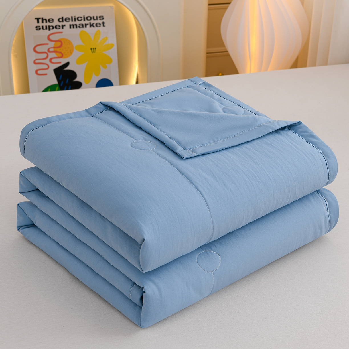 91家纺网 家纺一手货源 找家纺 羽涵家纺 2026新款磨毛水洗棉夏被夏凉被空调被 天青蓝