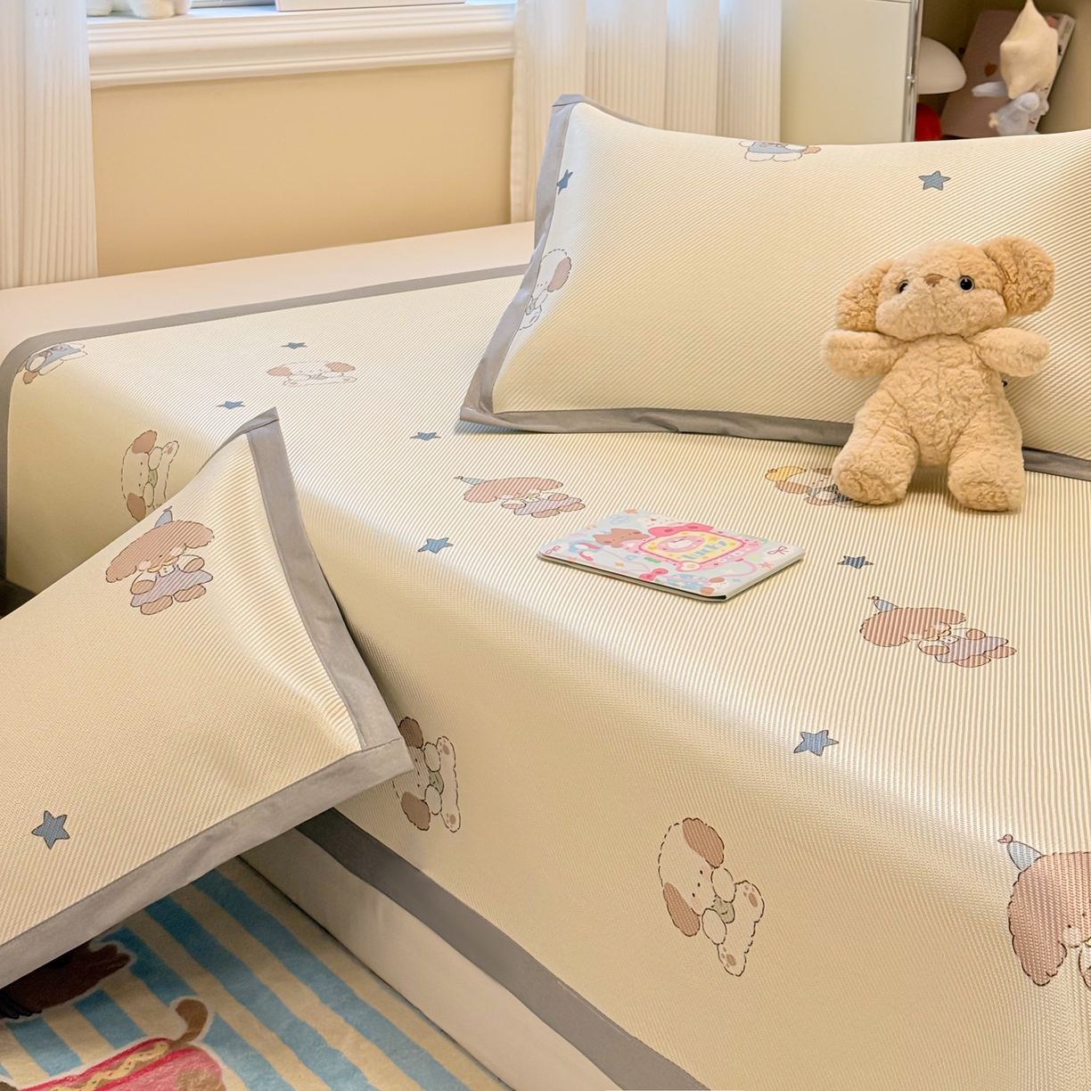 91家纺网 家纺一手货源 找家纺 慕尚家纺 2026新款清新凉感冰藤席平铺款 小毛球