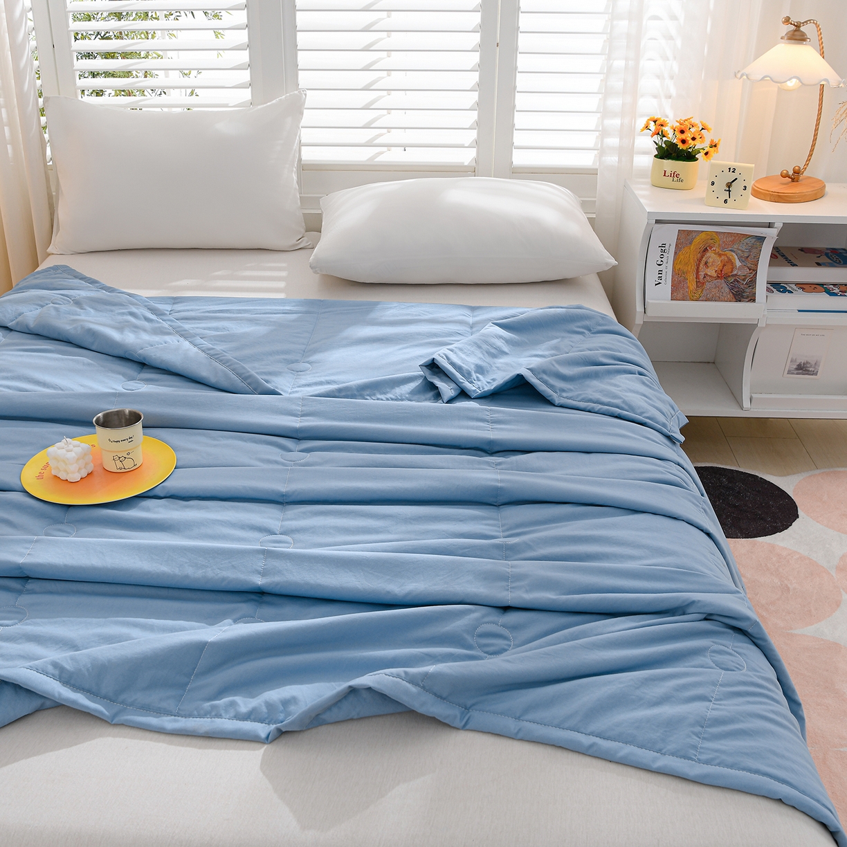 91家纺网 家纺一手货源 找家纺 羽涵家纺 2026新款磨毛水洗棉夏被夏凉被空调被 天青蓝