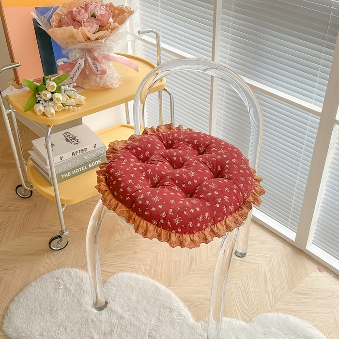 座享家 2026新款拼色仿棉麻花边团蒲坐垫 玫瑰花红