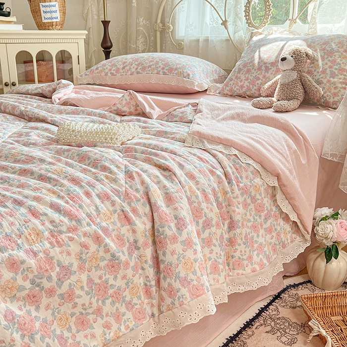 91家纺网 家纺一手货源 找家纺 （总）优尚佳生活馆 2026新款云感皱皱纱全棉花边款夏被四件套