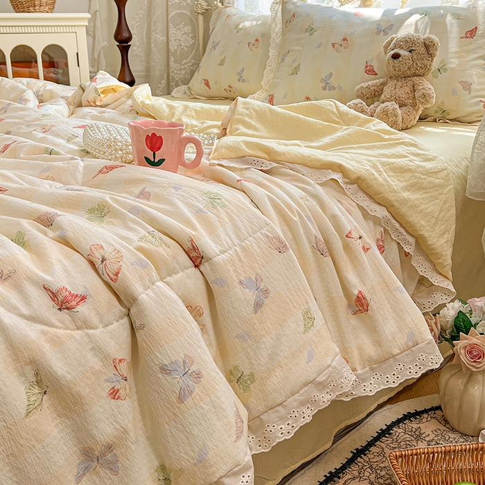 优尚佳生活馆 2026新款云感皱皱纱全棉花边款夏被四件套 蝶儿飞