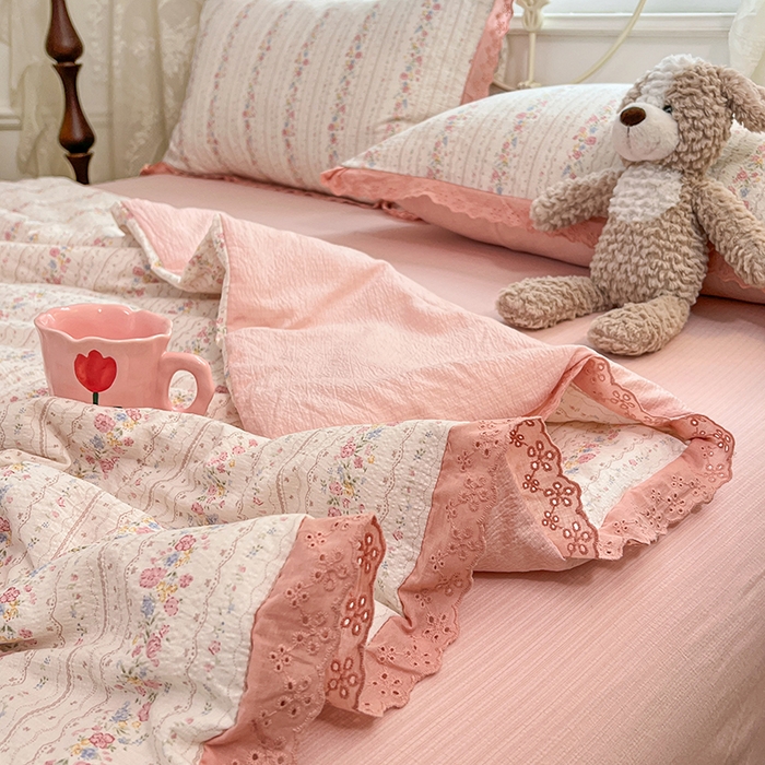 91家纺网 家纺一手货源 找家纺 优尚佳生活馆 2026新款云感皱皱纱全棉花边款夏被四件套 扶摇