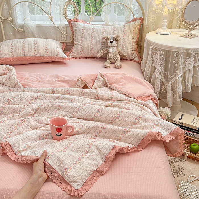 91家纺网 家纺一手货源 找家纺 优尚佳生活馆 2026新款云感皱皱纱全棉花边款夏被四件套 扶摇