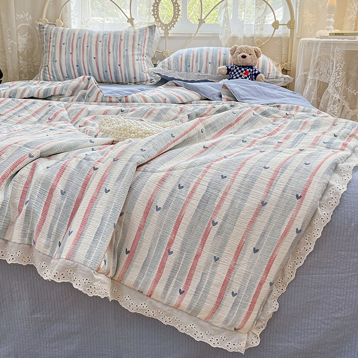 91家纺网 家纺一手货源 找家纺 优尚佳生活馆 2026新款云感皱皱纱全棉花边款夏被四件套 蓝屿