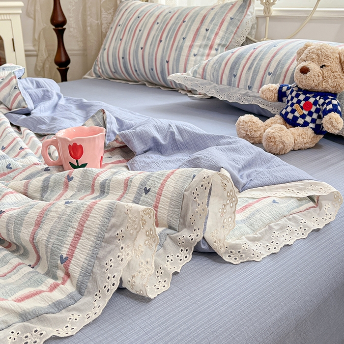 91家纺网 家纺一手货源 找家纺 优尚佳生活馆 2026新款云感皱皱纱全棉花边款夏被四件套 蓝屿