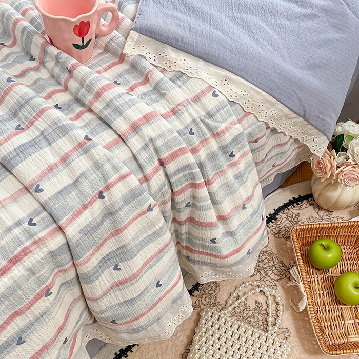 91家纺网 家纺一手货源 找家纺 优尚佳生活馆 2026新款云感皱皱纱全棉花边款夏被四件套 蓝屿