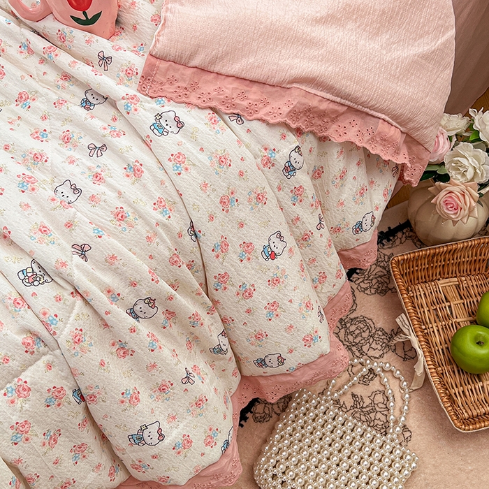 91家纺网 家纺一手货源 找家纺 优尚佳生活馆 2026新款云感皱皱纱全棉花边款夏被四件套 甜喵