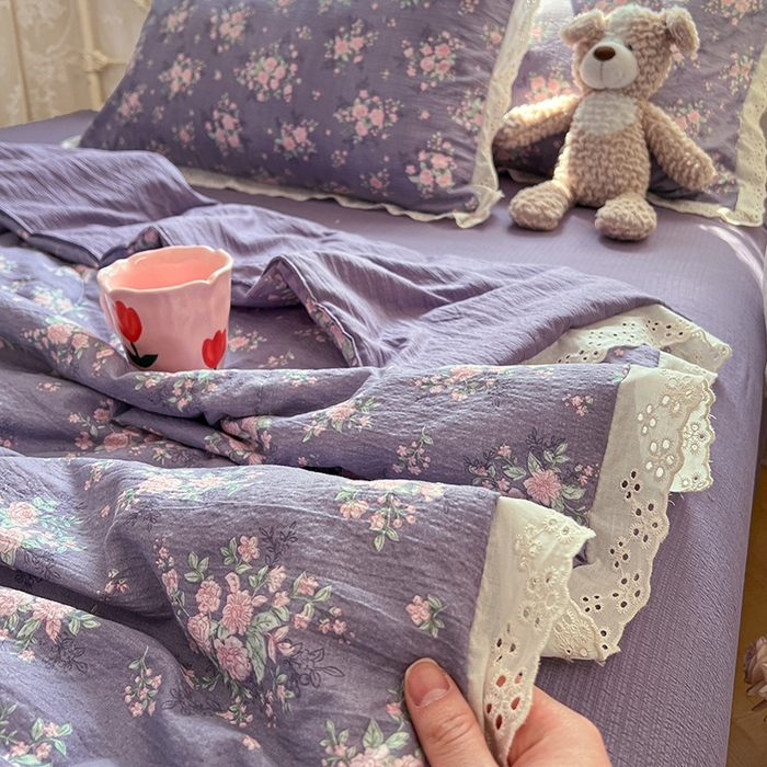 91家纺网 家纺一手货源 找家纺 优尚佳生活馆 2026新款云感皱皱纱全棉花边款夏被四件套 暗香