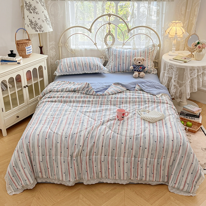 91家纺网 家纺一手货源 找家纺 优尚佳生活馆 2026新款云感皱皱纱全棉花边款夏被四件套 蓝屿