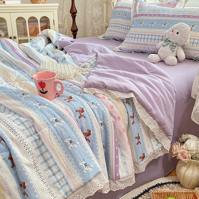 91家纺网 家纺一手货源 找家纺 优尚佳生活馆 2026新款云感皱皱纱全棉花边款夏被四件套 晴野