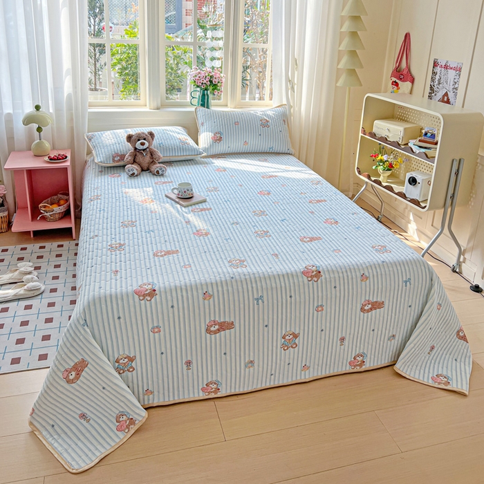 卡普二店 2026新款A类锦氨凉感印花夏被四件套床盖凉席款--凉席床盖 条纹熊