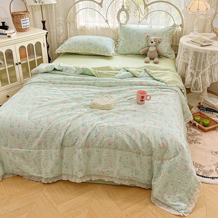 91家纺网 家纺一手货源 找家纺 优尚佳生活馆 2026新款云感皱皱纱全棉花边款夏被四件套 清禾