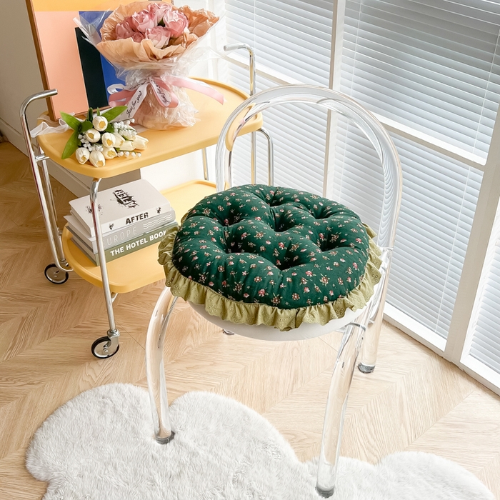 座享家 2026新款拼色仿棉麻花边团蒲坐垫 玫瑰花绿