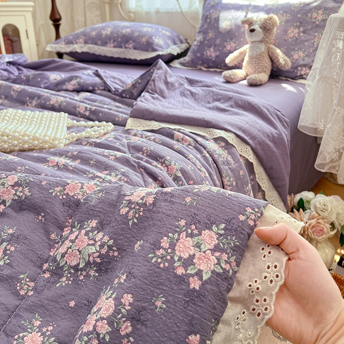 91家纺网 家纺一手货源 找家纺 优佳优品 2026新款云感皱皱纱全棉花边款夏被四件套 暗香