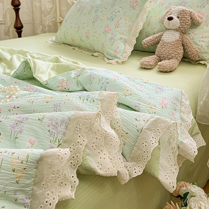 91家纺网 家纺一手货源 找家纺 优佳优品 2026新款云感皱皱纱全棉花边款夏被四件套 清禾