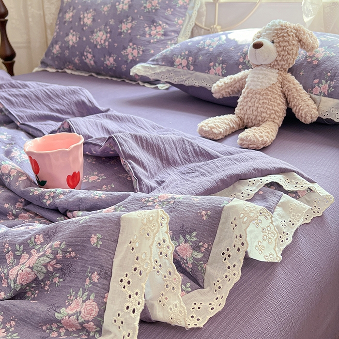 91家纺网 家纺一手货源 找家纺 优佳优品 2026新款云感皱皱纱全棉花边款夏被四件套 暗香