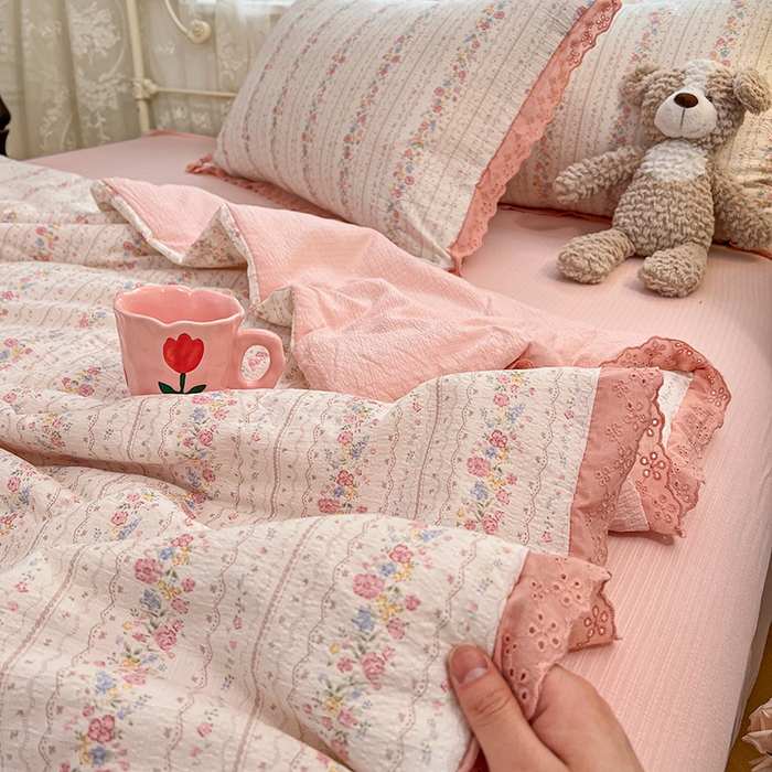 91家纺网 家纺一手货源 找家纺 优佳优品 2026新款云感皱皱纱全棉花边款夏被四件套 扶摇