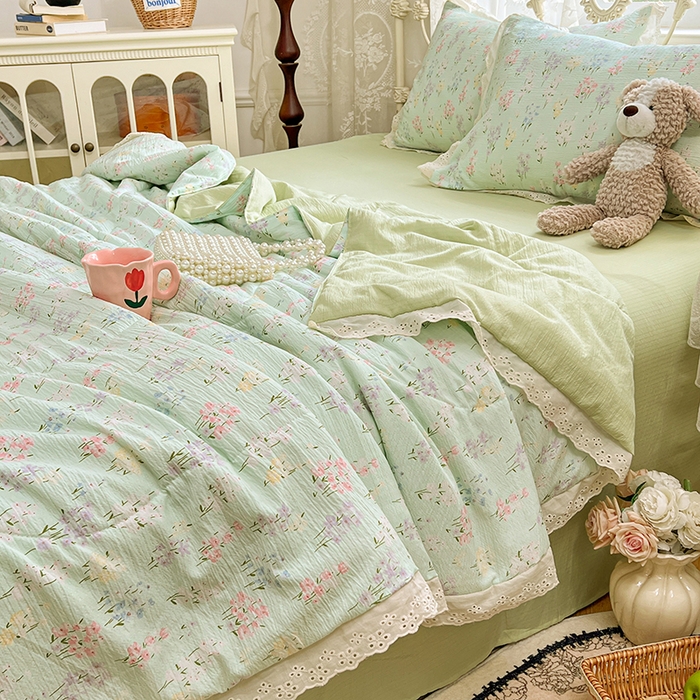 91家纺网 家纺一手货源 找家纺 优佳优品 2026新款云感皱皱纱全棉花边款夏被四件套 清禾