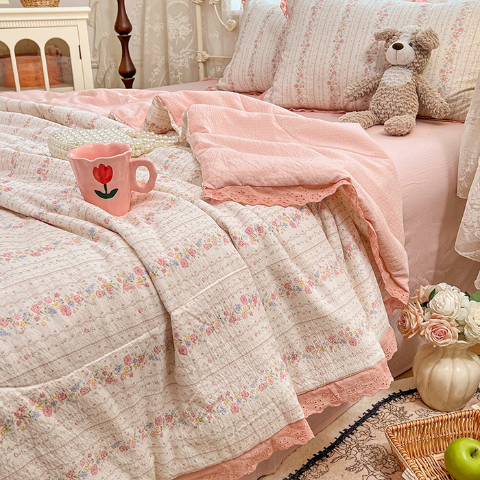 91家纺网 家纺一手货源 找家纺 优佳优品 2026新款云感皱皱纱全棉花边款夏被四件套 扶摇