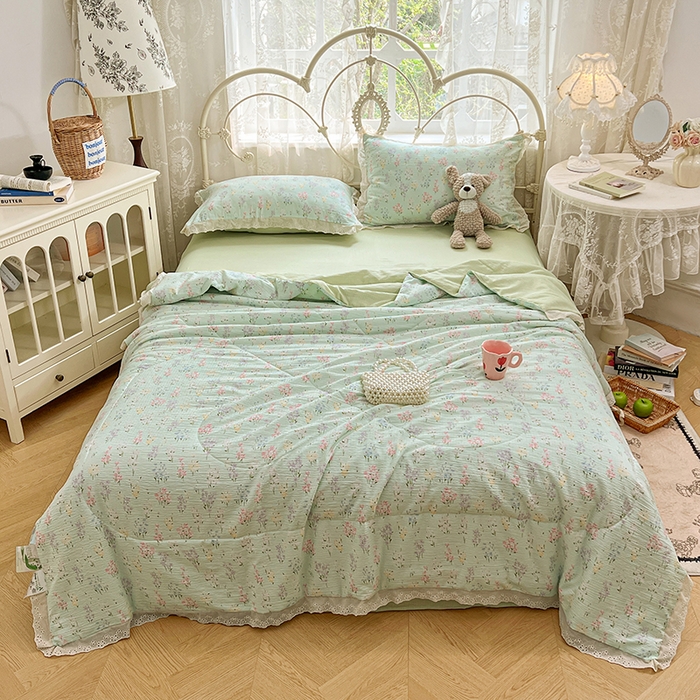 91家纺网 家纺一手货源 找家纺 优佳优品 2026新款云感皱皱纱全棉花边款夏被四件套 清禾